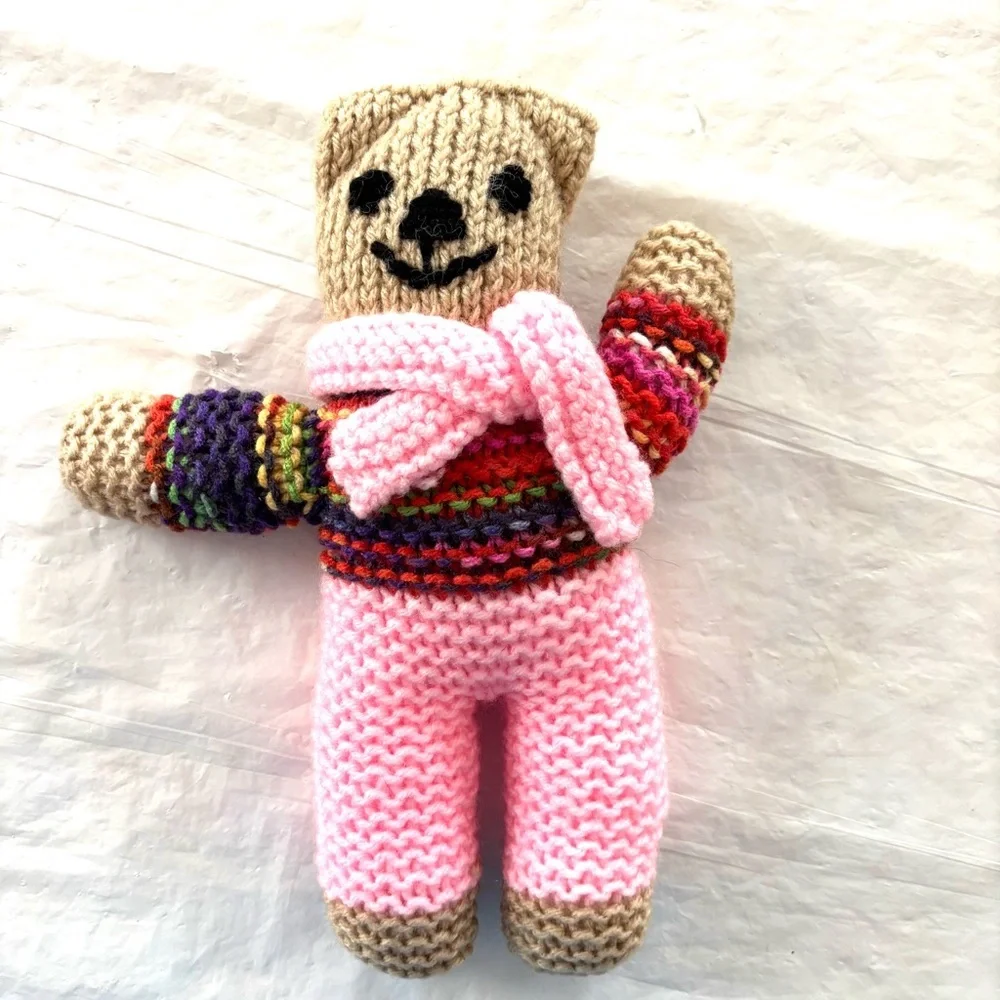 Hand Knitted Pink & Multicolor Teddy Bear Handmade. New